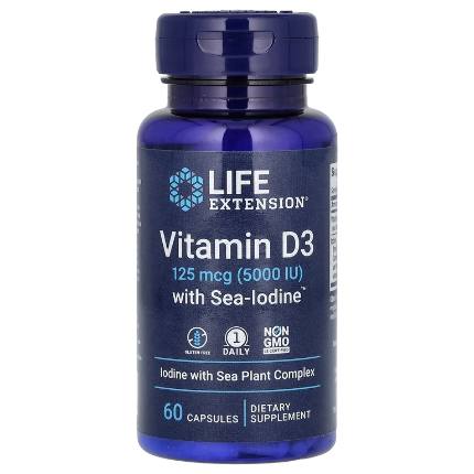 Vitamin D3 125 mcg 5000 60 caps с йодом Life extension